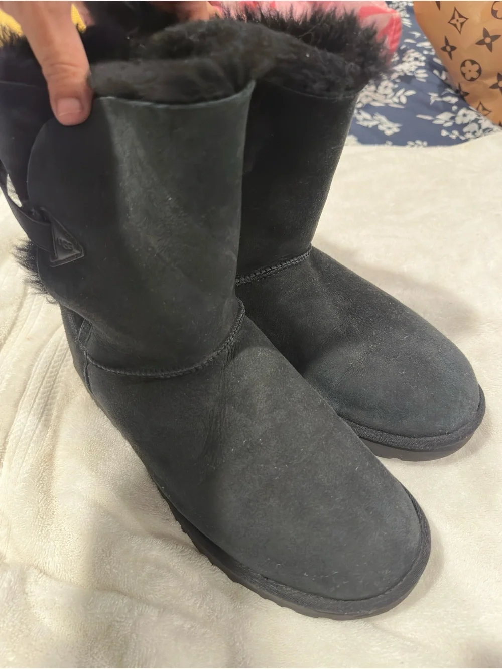 UGG Women's Black Suede Shearling Winter Boots with Side Buckle